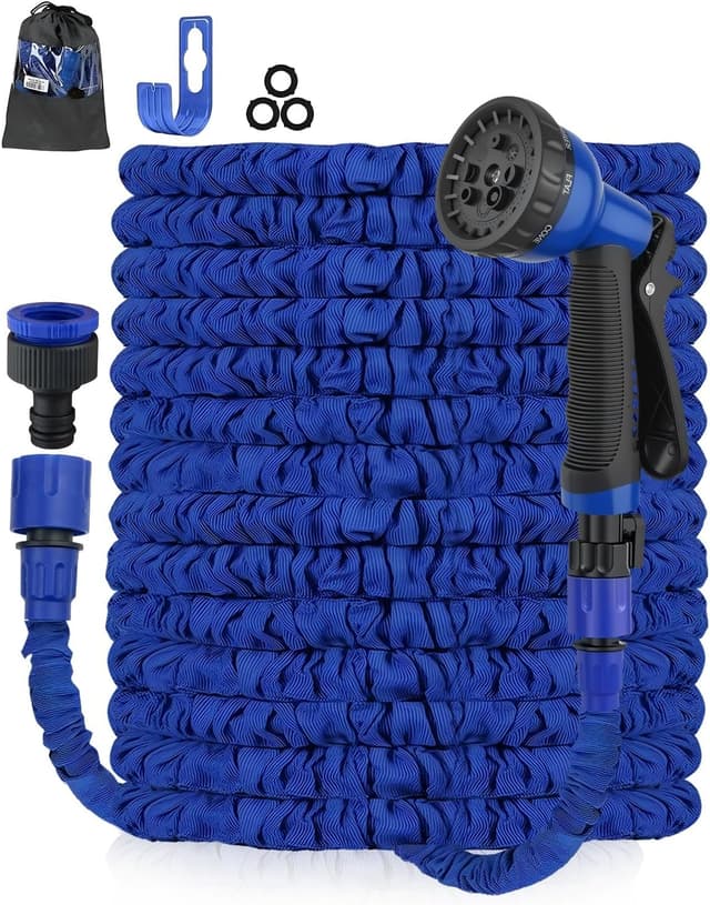 Detalle de Zenmos 100FT Expandable Garden Hose Pipe with 8-Pattern Spray Nozzle (3/4" & 1/2" fittings) – Blue
