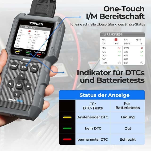 Detalle de TOPDON ArtiLink500B OBD2 Diagnosegerät und Batterietester 2-in-1 für Auto-Fehlercodes und Tests