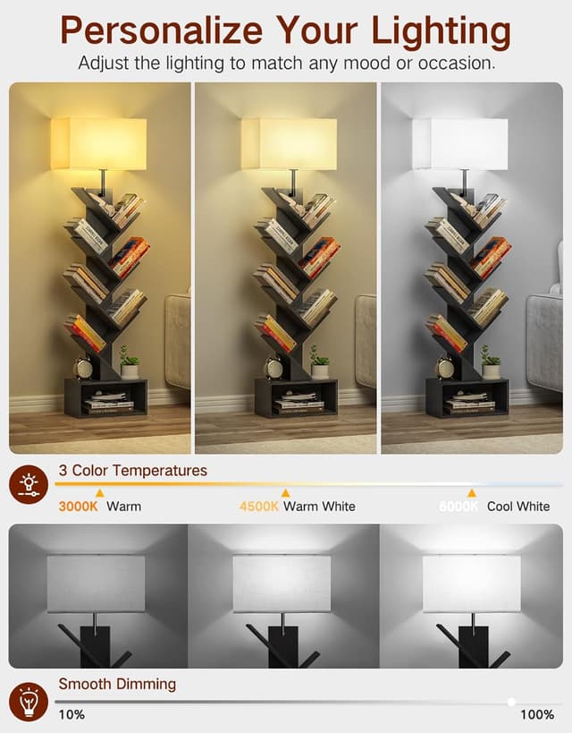 Detalle de OUTONLIFE Libreria a forma di albero in legno con luci e 6 ripiani autoportante nero, con telecomando