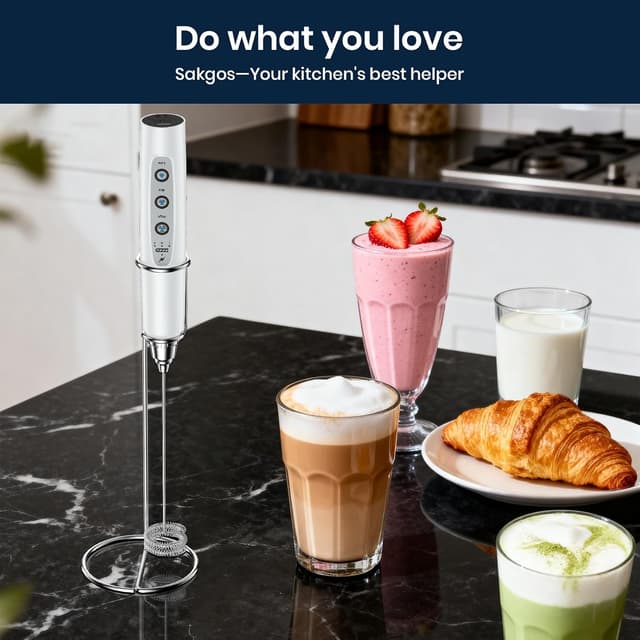 Thumbnail 4 de Sakgos Milk Frother with Stand (Rechargeable Handheld, 3 Stainless Whisks, 3 Speeds)