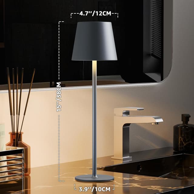 Detalle de MALUX Kabellos dimmbare LED-Akku-Tischleuchte (IP44, USB‑C) – Grau, 2er-Set