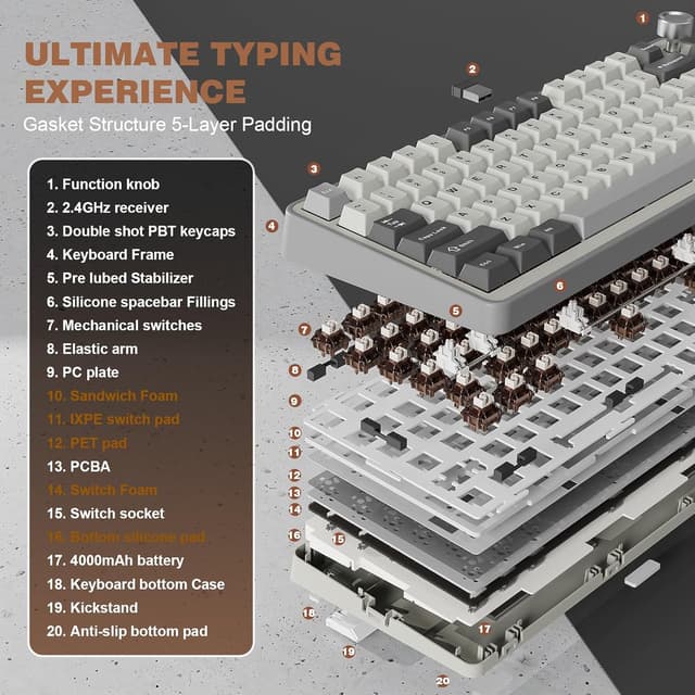 Detalle 2 de YUNZII B75 PRO 75% kabellose mechanische Tastatur mit Drehknopf (BT/2.4G/Type-C), Hot Swap, QWERTY (Cocoa Cream V2, grau)