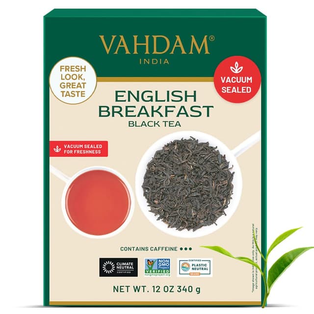 Detalle de VAHDAM English Breakfast Schwarztee lose (340 g) – kräftig, malzig und reichhaltig für heiße oder kalte Zubereitung