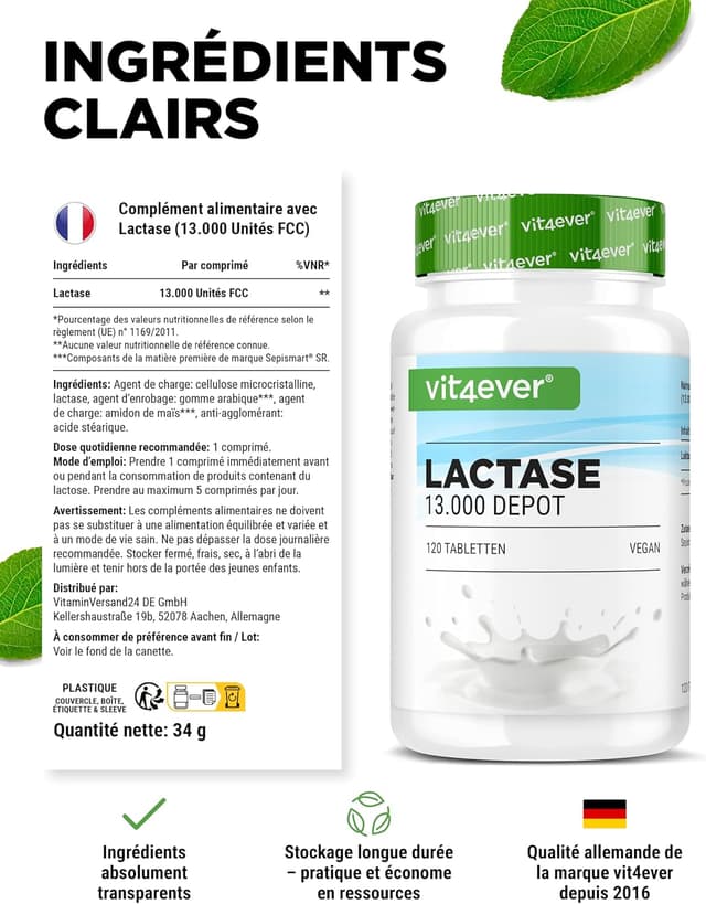 Detalle de Lactase 13.000 Depot Sepismart Slow Release – 120 comprimés à libération prolongée pour l’intolérance au lactose