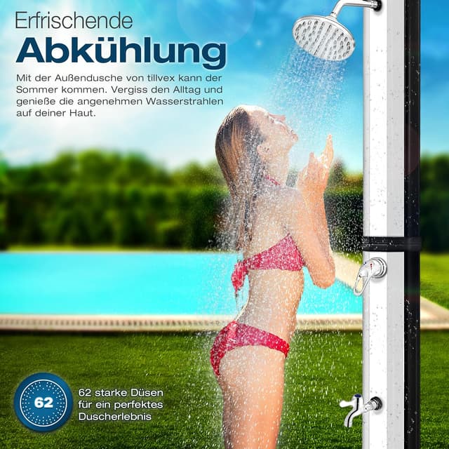 Detalle de tillvex Solardusche 60 Liter inkl. Abdeckung – Warmwasser ohne Strom, mit Wasserhahn & Gartenschlauch-Anschluss
