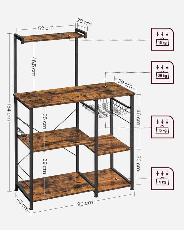 Detalle de VASAGLE Scaffale da Cucina KKS35X con supporto per forno a microonde, mobile mobile 40 x 90 x 134 cm marrone vintage e nero