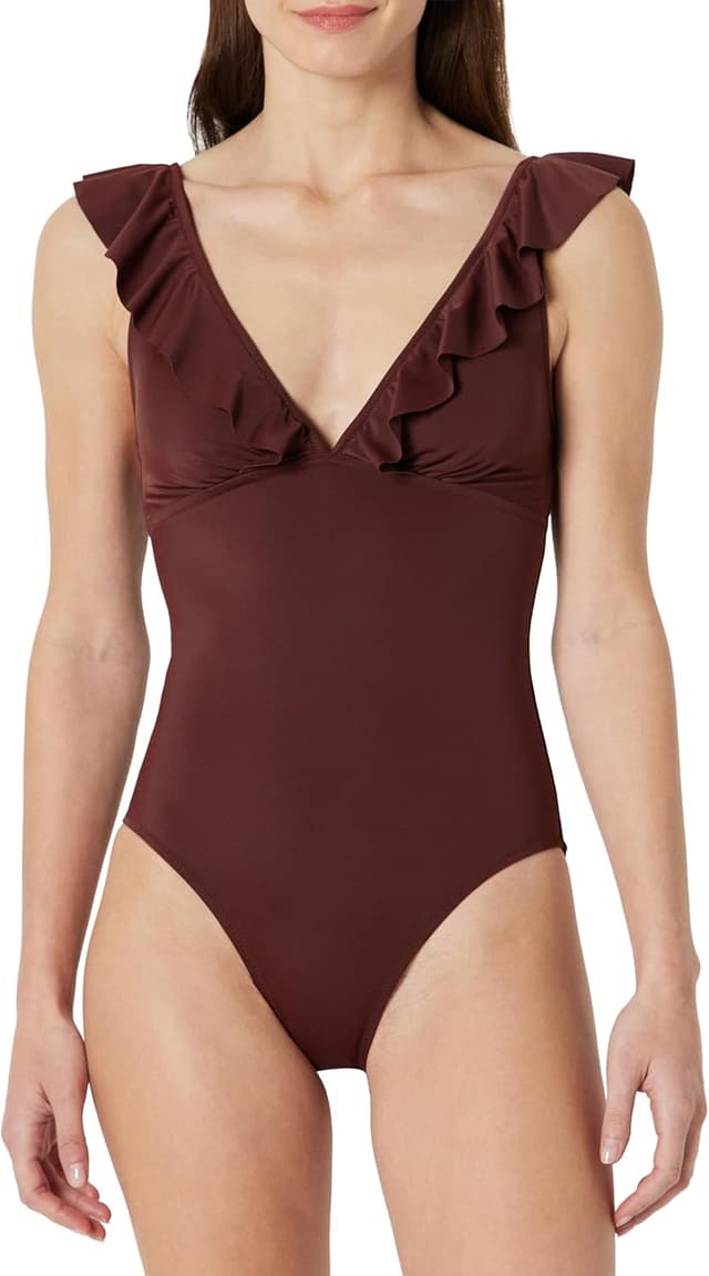 Detalle de Amazon Essentials Damen-Badeanzug mit Rüschen und V-Ausschnitt – einteiliger Slim-Fit Badeanzug