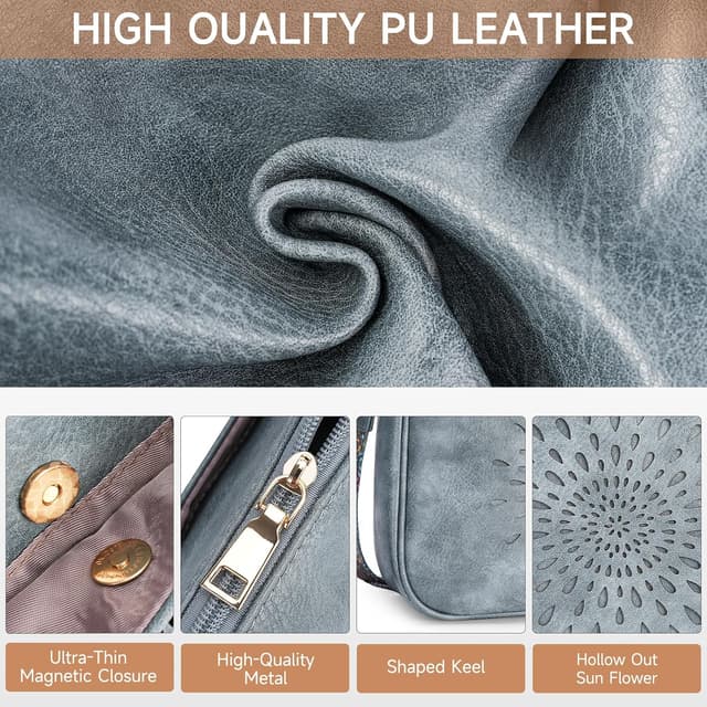 Detalle de APHISON Damen Klein-Umhängetasche Crossbody mit Sonnenblumen-Lochmuster, blau (veganes Leder)