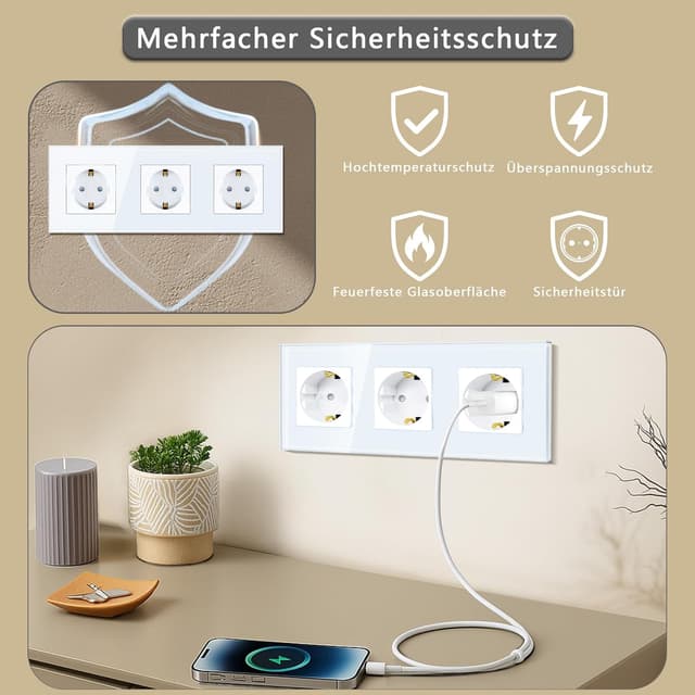 Detalle de TAWOIA Schuko 3-fach Unterputzsteckdose mit Glasrahmen (weiß, 86×228 mm)
