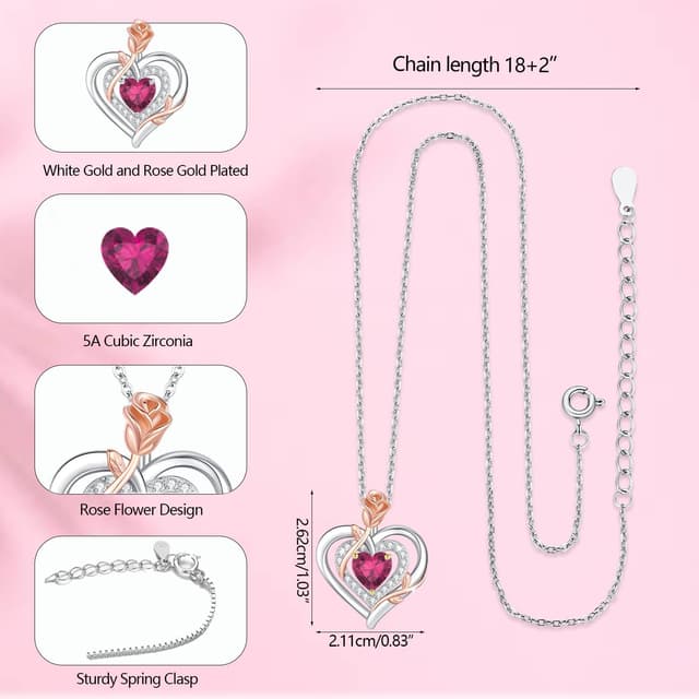 Detalle de LAVUMO Collier femme argent sterling 925 et laiton, pendentif double cœur rose et fleur avec pierre de naissance