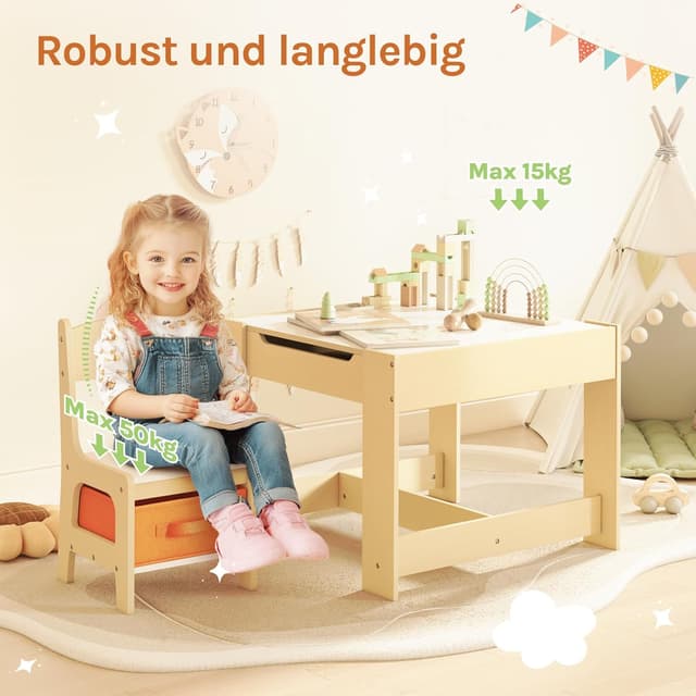 Detalle 2 de WOLTU Kindersitzgruppe (3-tlg.) mit Kindertisch, Kreidetafel & Stauraum
