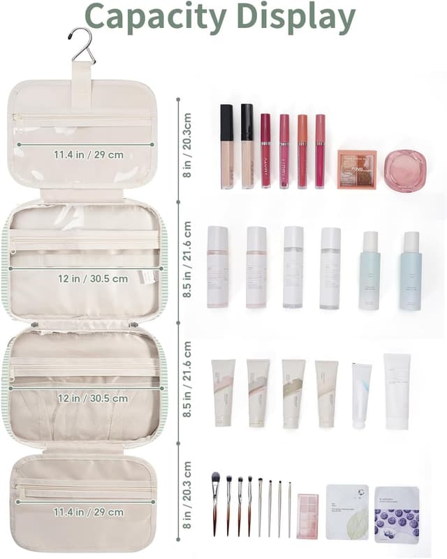 Detalle de Narwey Large Hanging Travel Toiletry Bag (Mint Green Stripe) with 4 Compartments