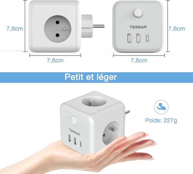 Thumbnail 6 de TESSAN 6 en 1 chargeur mural USB avec multiprise française et 3 ports USB C/A, interrupteur et boîtier cube
