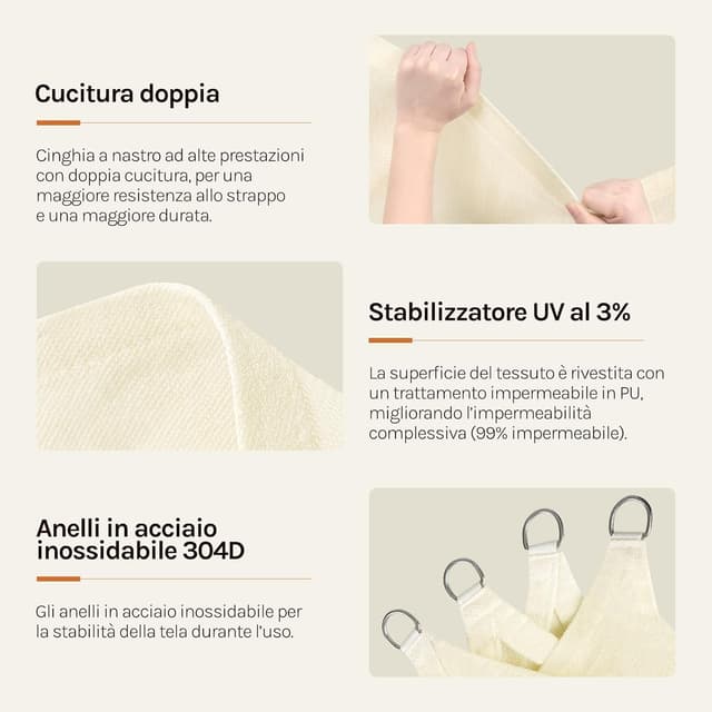 Detalle 2 de WOLTU Vela ombreggiante 5x7m in PES 160 g/m² crema, impermeabile e anti-UV con rivestimento in PU