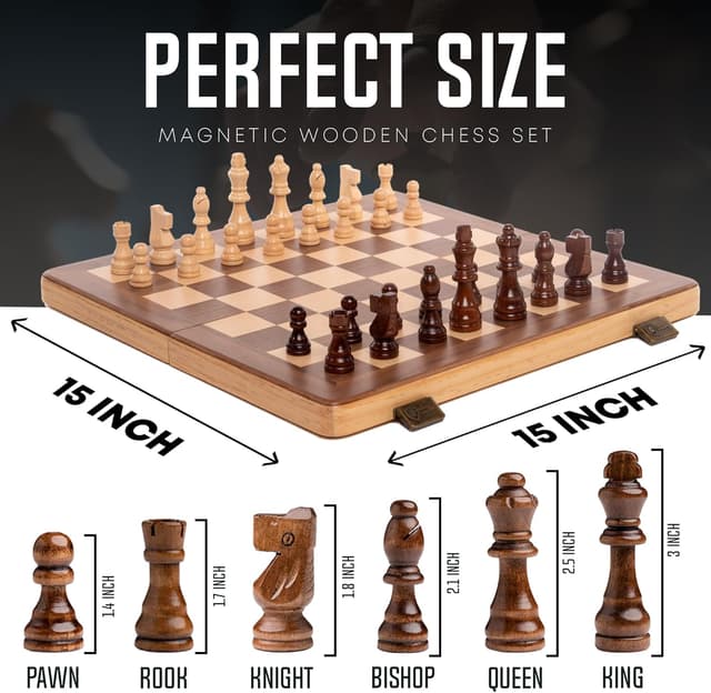 Detalle 2 de 15-Inch Magnetic Wooden Chess Set with Folding Board and Handcrafted Staunton Pieces