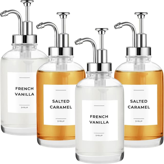 Detalle de Spaceneat Coffee Syrup Dispenser with Pump (Glass) – 500 ml bottle set with labels, brush & funnel