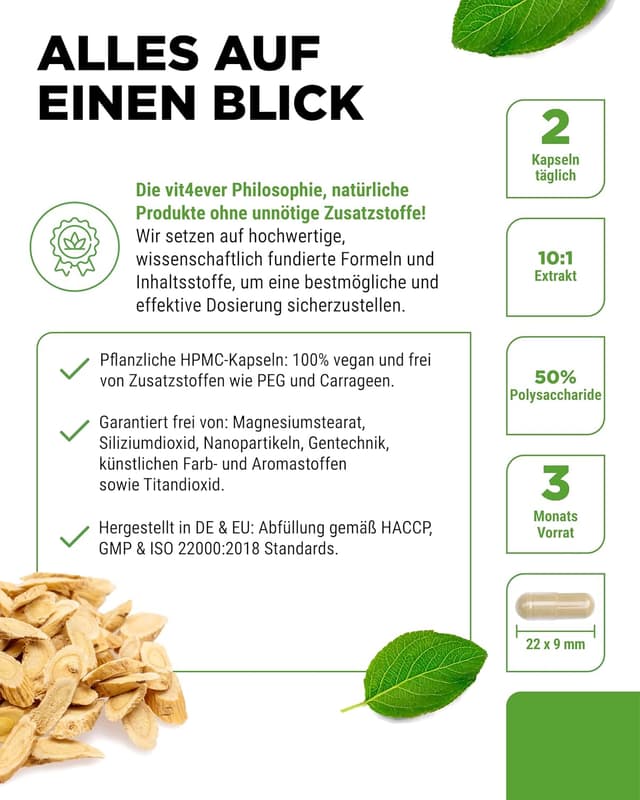 Detalle de vit4ever Astragalus 1400 mg reinem Extrakt pro Tag – 180 Kapseln (vegan)