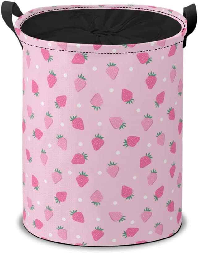 Detalle de ENSFTF Drawstring Laundry Basket (Pink Strawberry Pattern) – Spacious, Dustproof & Easy to Clean