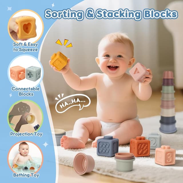 Detalle de EPOGG 6-in-1 Montessori Baby Toys Set (6–12 Months Up) with Pull String, Stacking Cups, Tissue Box & More