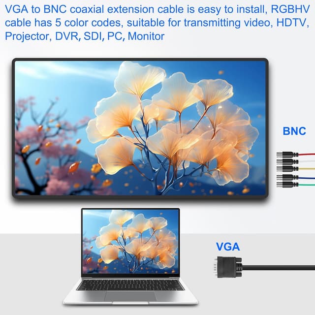 Detalle de XMSJSIY VGA to 5 BNC (RGBHV) Coaxial Monitor Extension Cable, 15Pin VGA Male to 5 BNC Female, 1.5m