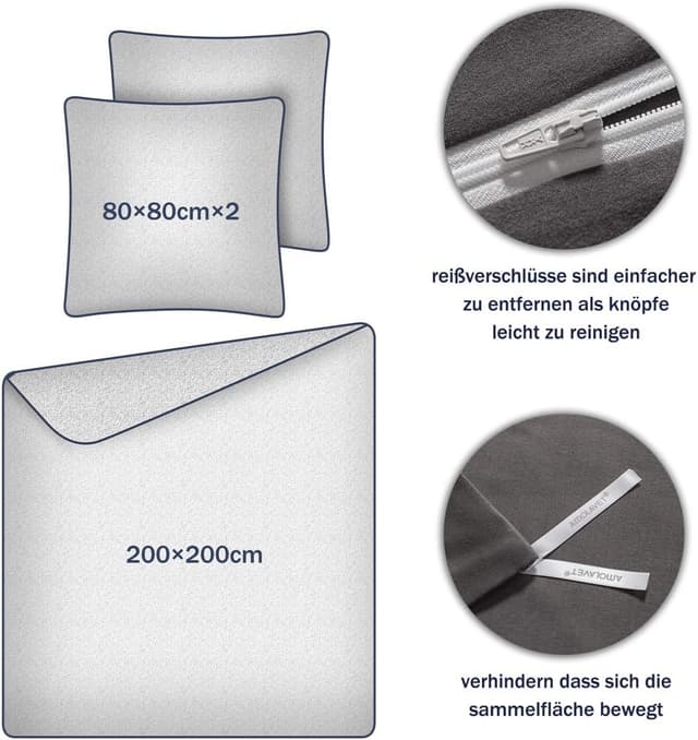 Detalle 2 de Amolavet Sommer-Bettwäsche 200x200 Anthrazit-Grau, 3-teilig aus gebürsteter Mikrofaser mit Reißverschluss