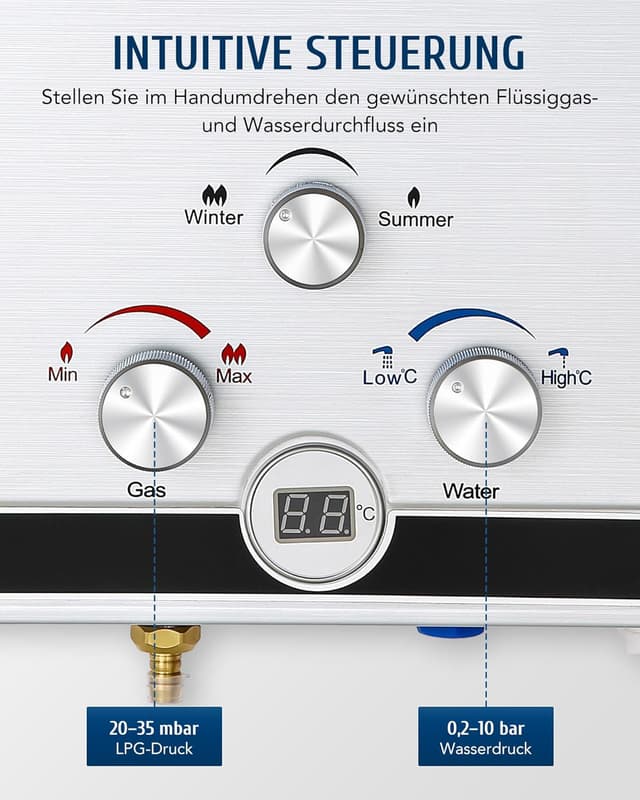 Detalle de CO-Z LPG Gasdurchlauferhitzer 10L Warmwasserbereiter (27–60 °C, 17 kW)