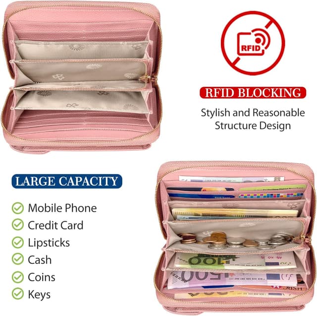 Detalle de BTNEEU Sac téléphone portable femme portefeuille RFID avec blocage, cuir, bandoulière (rose)