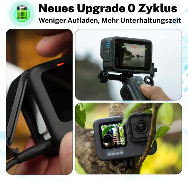 Detalle 2 de OHZHAO 2er-Pack Upgrade 2580 mAh Hero-Akku + 3-Kanal USB-Ladegerät für GoPro Hero 12/11/10/9 Black