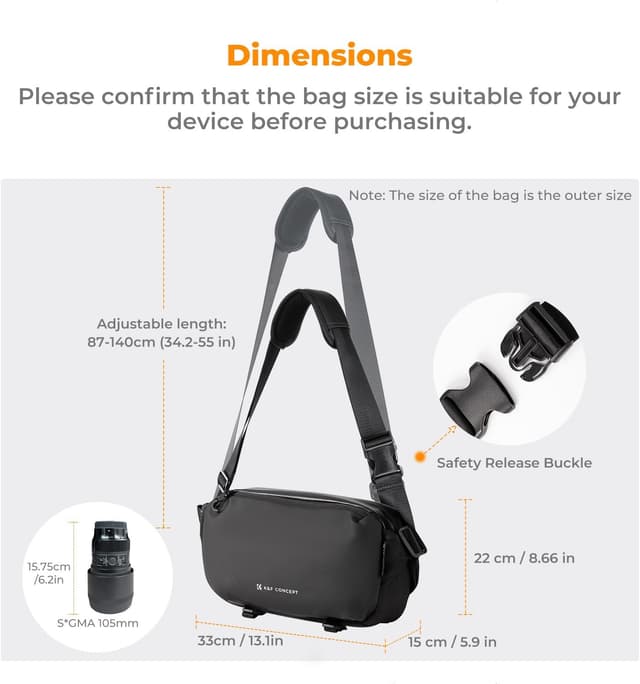 Thumbnail 5 de K&F CONCEPT Bolsa bandolera para cámara 33x22x15 cm