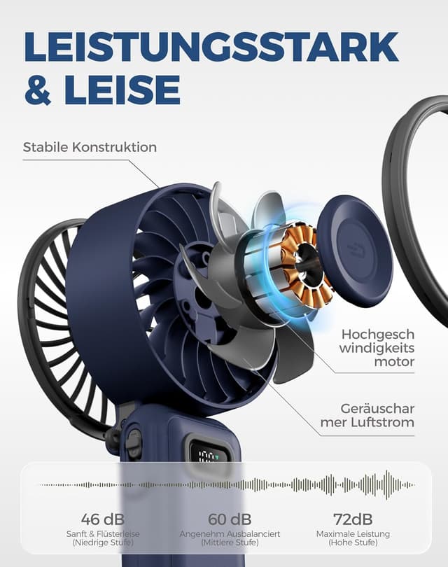 Detalle 2 de Diveblues Handventilator Turbo mit 100 Stufen und 4-in-1 Faltdesign – tragbar, USB-C, 7,4 m/s