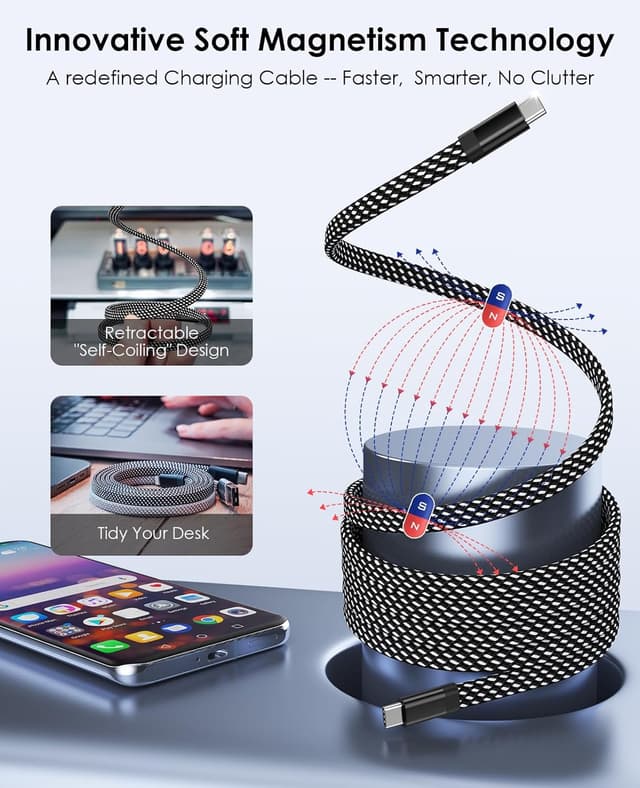 Detalle de Magtame USB-C Charger Cable (5ft Coiled) Magnetic Flat Braided, 60W (3A) Fast Charge