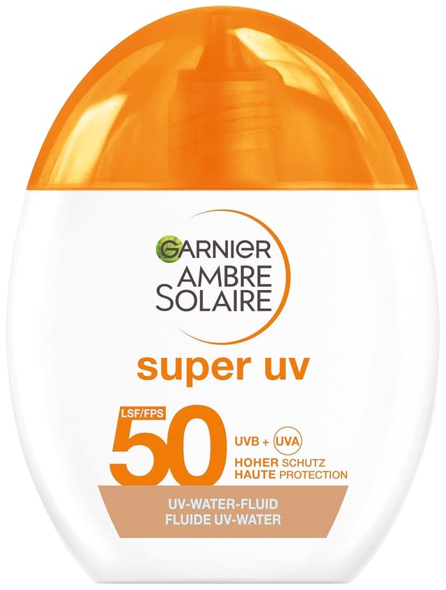 Detalle de Garnier Ambre Solaire Super UV UV-Water-Fluid LSF 50 für das Gesicht – getönte Sonnencreme, Dry-Touch, 40 ml