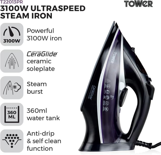 Detalle de Tower Ceraglide Ultra Speed Iron T22013PR with Ceramic Soleplate, 3100W Steam Boost