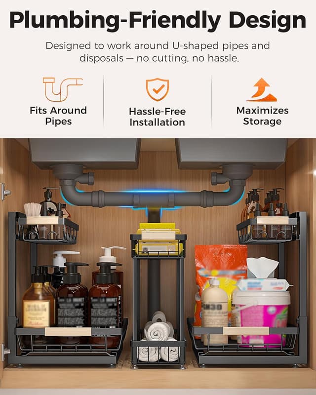 Detalle de Sevenblue 3-Pack Under Sink Organizer (Black) — Height-Adjustable 2-Tier Pull-Out Storage