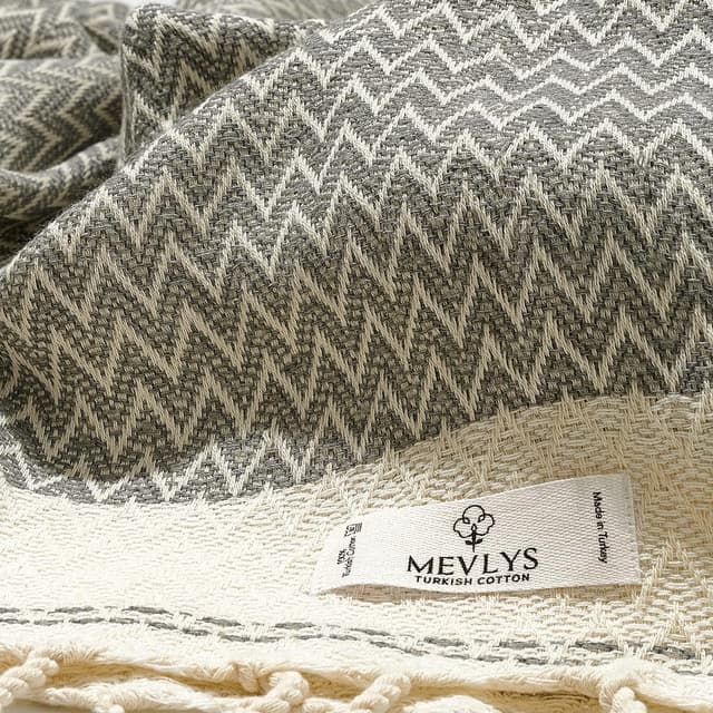 Detalle de MEVLYS Saunatuch & Hamamtuch (2er Pack) aus türkischer Baumwolle – Strand-, Yoga- und Picknickhandtücher, Schwarz/Pastellgrau