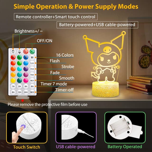 Detalle de MIINSEY Kitty-lampada LED 3D notturna con telecomando e timer, 16 colori