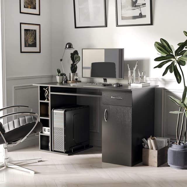 Detalle 2 de HOMCOM Bureau informatique 120 x 60 cm avec multi-rangements, étagère et tiroir — noir