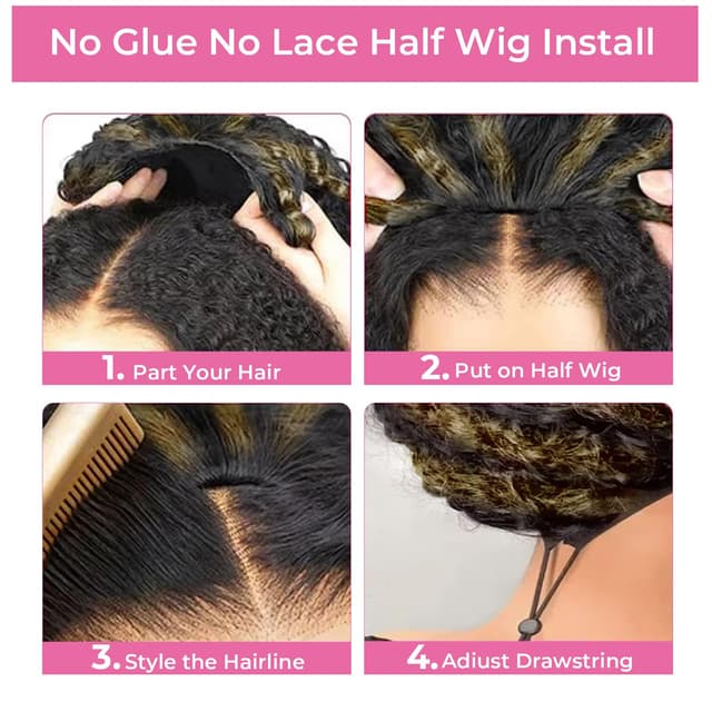 Detalle de Half Wig Human Hair 3 In 1 Kinky Curly Glueless Balayage Ombre Brown 250% Density (16 Inch) — Wear Go Drawstring Flip Headband Wig