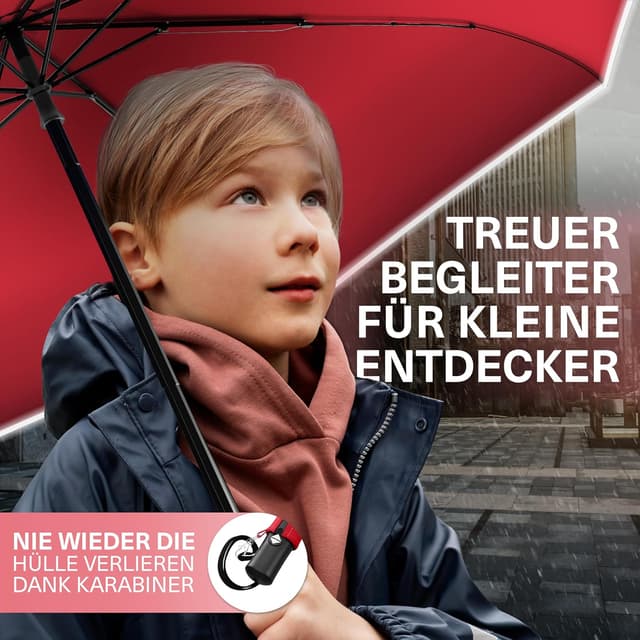 Detalle de STYNGARD Regenschirm mit Automatik für Kinder Rotterdam (Rot) – mit Sicherheitsreflektoren