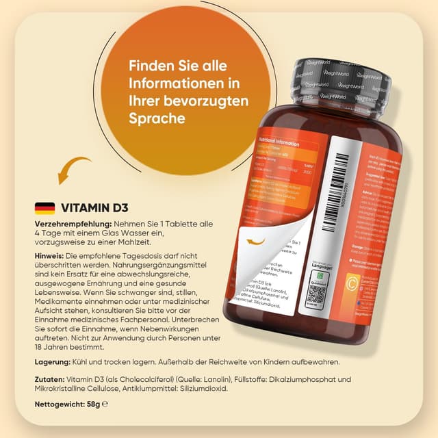 Detalle 2 de WeightWorld Vitamin D3 400 Tabletten 💊