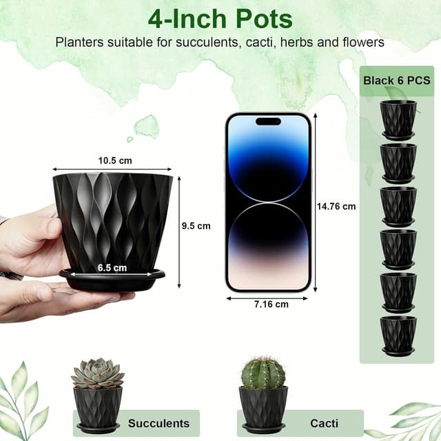 Detalle 2 de Romon set di 6 vasi in plastica da interno/esterno da 10 cm con fori di drenaggio e sottovaso rimovibile, nero