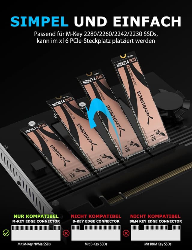 Detalle de SABRENT Quad NVMe zu PCIe 4.0 x16 Adapterkarte (EC-P4BF) für 4-Laufwerk-Setup mit Kühlung