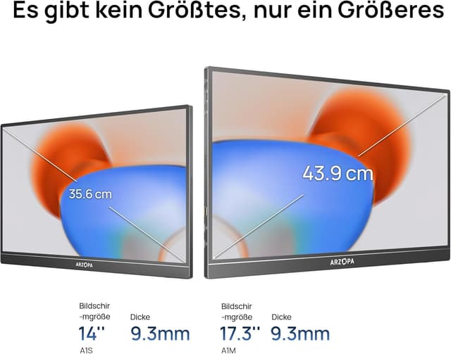 Detalle de ARZOPA Portable Monitor 17,3 Zoll FHD IPS mit Standfuß – USB‑C & HDMI Zweitbildschirm für Laptop, PC, Smartphone, PS5, Xbox