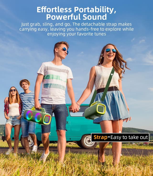 Detalle de VUOPAX Cassa Bluetooth portatile da 140W IP65 con 2 subwoofer, 2 tweeter, batteria fino a 24 ore e luci RGB