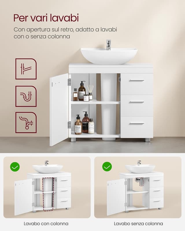 Thumbnail 3 de VASAGLE Mobile Sottolavabo 30x60x64 cm Bianco Nuvola