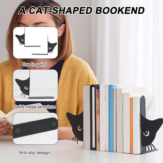 Detalle de Metal Cat Bookends for Books, Heavy Duty