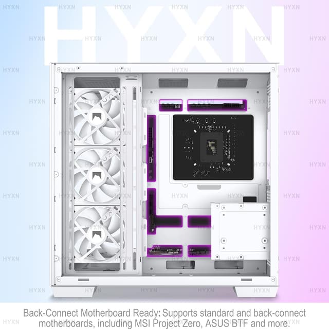 Detalle de HYXN H1 ATX PC-Gehäuse mit Dual-Kammer-Design, Type-C & 7 vorinstallierten PWM ARGB-Lüftern (weiß)