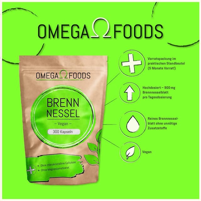 Detalle de Brennnessel Kapseln (Brennnessel Extrakt) – 300 Kapseln mit 450 mg pro Kapsel, vegan