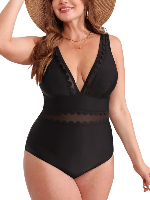 Detalle de CUPSHE costume da bagno intero donna Plus Size con scollo a V in rete smerlata e spalline regolabili