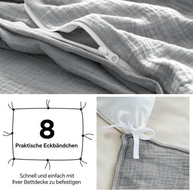 Detalle de BEDELITE Musselin Bettwäsche 155x220 aus Baumwolle (ÖKO-TEX), 3-teilig mit Reißverschluss